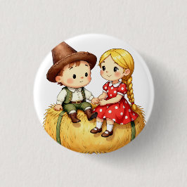 Country Kids on a Hay Bale 缶バッジ