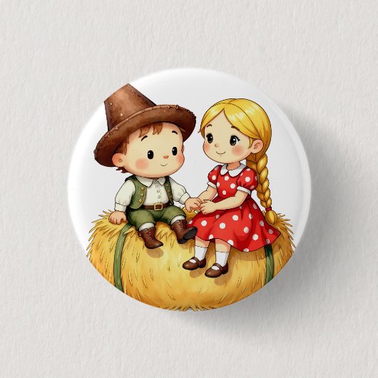 Country Kids on a Hay Bale 缶バッジ (正面)