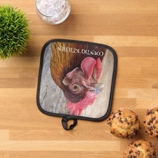 Country Kitchen Red Chicken Hen 鍋敷き (トップダウン)