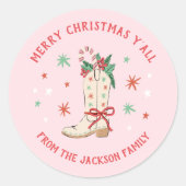Country Merry Christmas Y'all Cowboy Boot Gift ラウンドシール (正面)