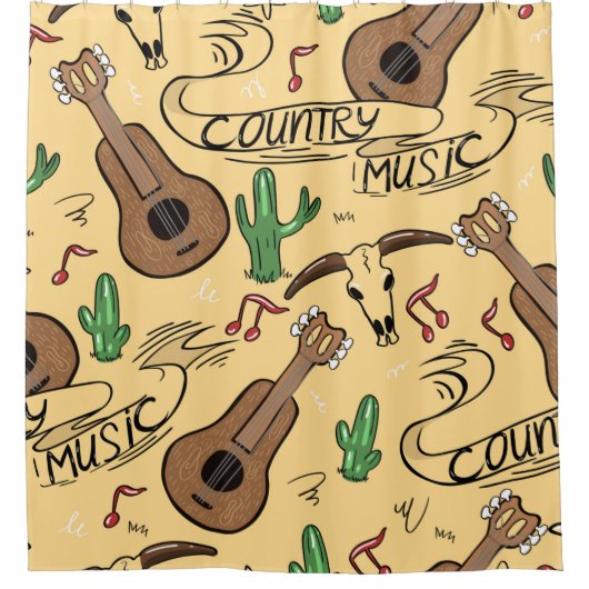 Country music seamless pattern with guitars, cacti シャワーカーテン (正面)