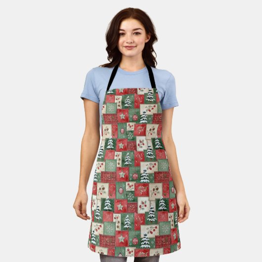 Country patchwork christmas pattern エプロン (着用した状態)
