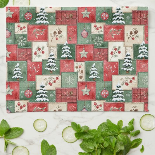 Country patchwork christmas pattern キッチンタオル (折り畳み)