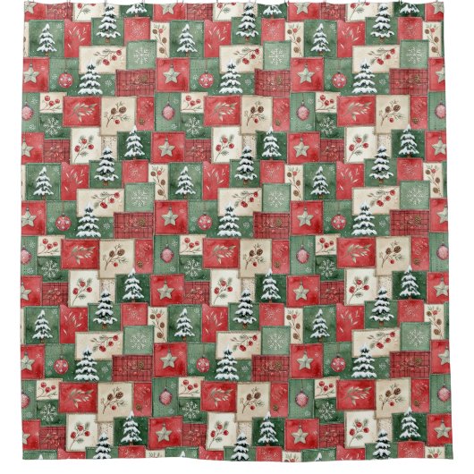 Country patchwork christmas pattern シャワーカーテン (正面)