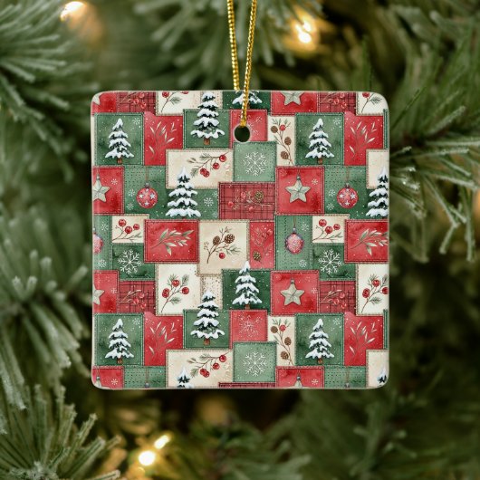 Country patchwork christmas pattern セラミックオーナメント (ツリー)