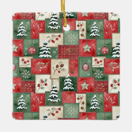 Country patchwork christmas pattern セラミックオーナメント (正面)