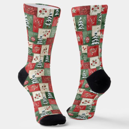 Country patchwork christmas pattern ソックス (傾斜あり)