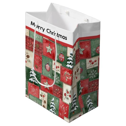 Country patchwork christmas pattern ミディアムペーパーバッグ (正面アングル)