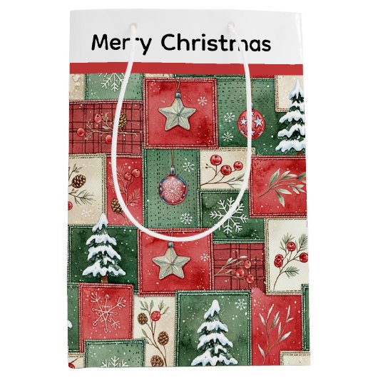 Country patchwork christmas pattern ミディアムペーパーバッグ (正面)