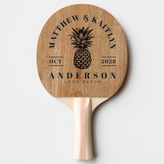 Country Pine Wood Tropical Pineapple Wedding Crest 卓球ラケット (裏面)