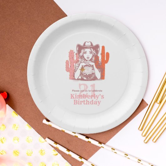 Country Pink Cowgirl Disco 21st Birthday Party ペーパープレート