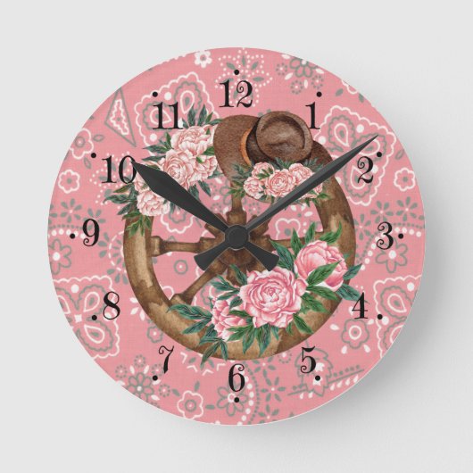 Country Pink Flower Hat Wagon Wheel Wall Clock ラウンド壁時計 (正面)
