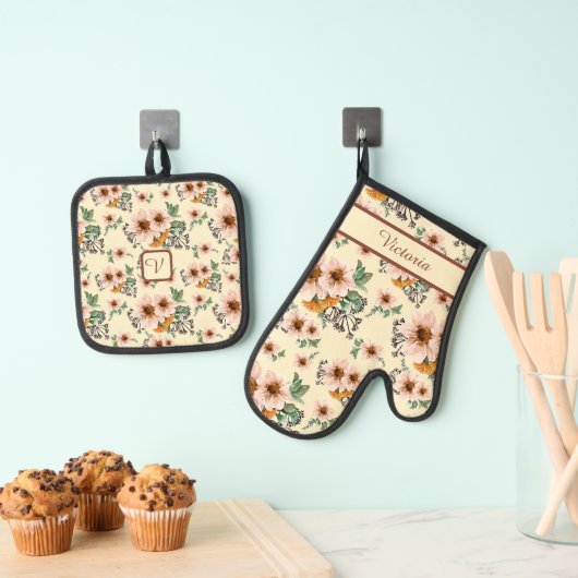 Country Pink, Yellow, Rust Floral Watercolor 鍋つかみ&鍋敷きセット (インサイチュ (吊り下げ))
