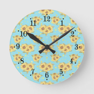 Country Powder Blue Yellow Sunflowers Wall Clock ラウンド壁時計
