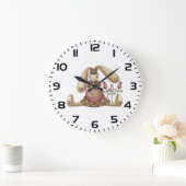 Country Primitive Stuffed Bunny with Pink Hearts ラージ壁時計 (ホーム)