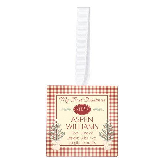 Country Red Checksベビーマイ初めてのクリスマス3 Photo キューブオーナメント (正面)