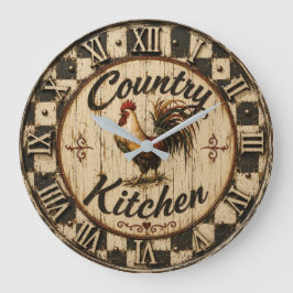 Country Rooster Rustic Farmhouse Kitchen ラージ壁時計