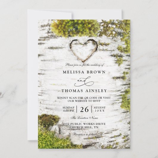 Country Rustic Birch Tree Bark QR Code Wedding 招待状 (正面)