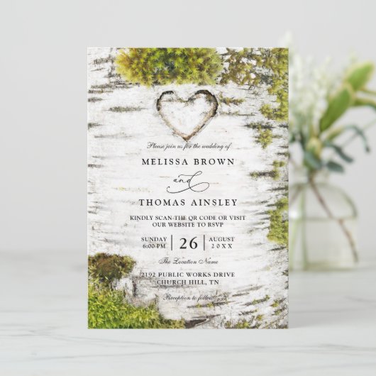 Country Rustic Birch Tree Bark QR Code Wedding 招待状 (スタンド正面)