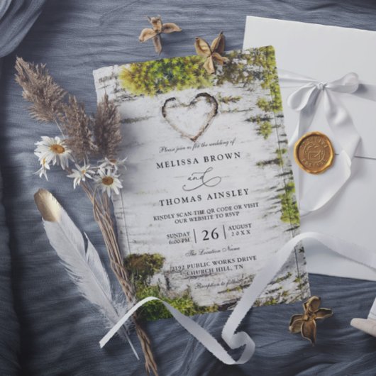 Country Rustic Birch Tree Bark QR Code Wedding 招待状