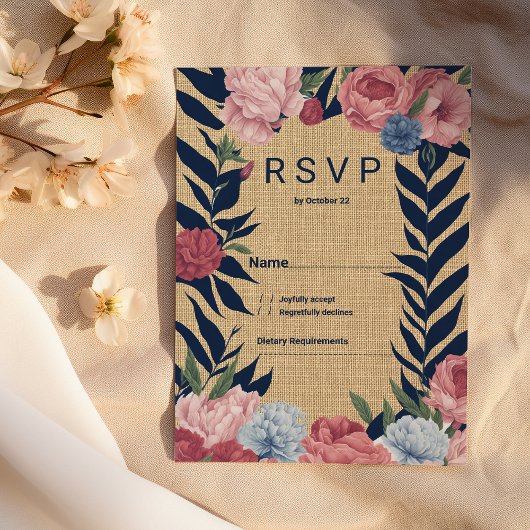 Country rustic ivory navy blue pink floral RSVP 招待状