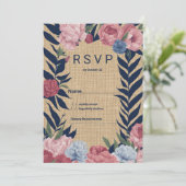 Country rustic ivory navy blue pink floral RSVP 招待状 (スタンド正面)