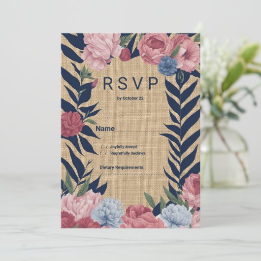 Country rustic ivory navy blue pink floral RSVP 招待状 (スタンド正面)