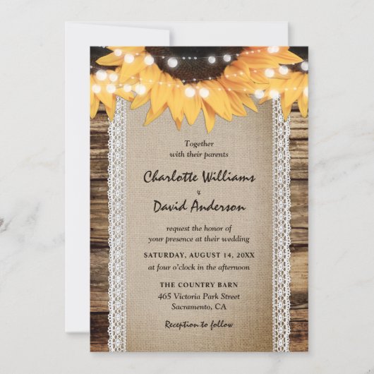 Country Sunflower Barn Wood String Lights Wedding 招待状 (正面)
