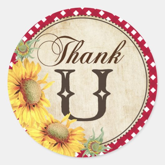 Country Sunflowers and Gingham Check You ラウンドシール (正面)