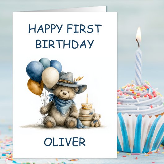 Country Teddy Bear 1st Birthday カード