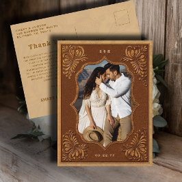 Country Western Tooled Wedding Photo Thank You ポストカード