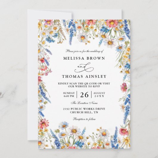 Country Wildflower Rustic Modern QR Code Wedding 招待状 (正面)