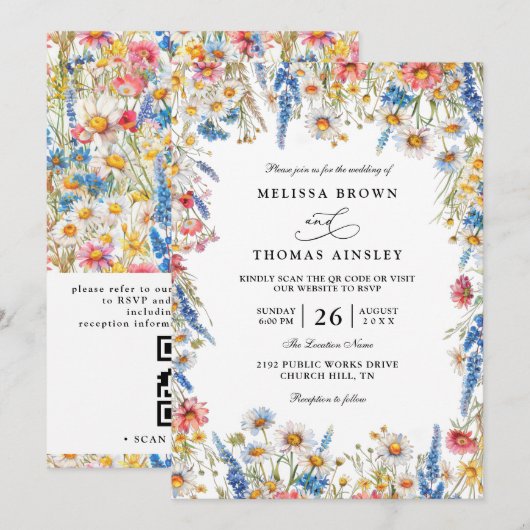 Country Wildflower Rustic Modern QR Code Wedding 招待状 (正面/裏面)