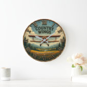 Country Wings Vintage Biplane Rustic Aviation ラージ壁時計 (ホーム)