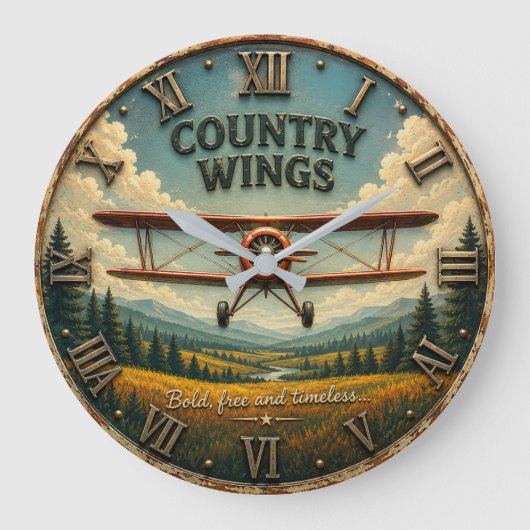 Country Wings Vintage Biplane Rustic Aviation ラージ壁時計 (正面)