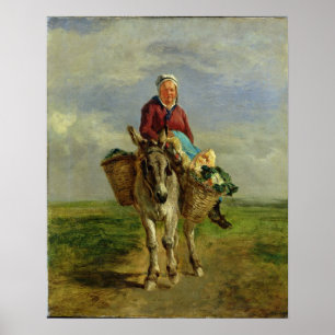 Country Woman Riding a Donkey ポスター