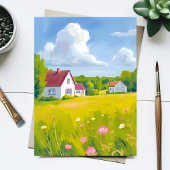 Countryside Abode Lush Green Field Watercolor Card