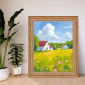 Countryside Abode Lush Green Fields Watercolor ポスター