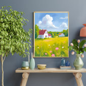Countryside Abode Lush Green Fields Watercolor ポスター