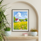 Countryside Abode Lush Green Fields Watercolor ポスター