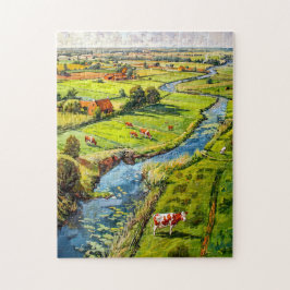 Countryside with Cows and Stream Fantasy Painting ジグソーパズル