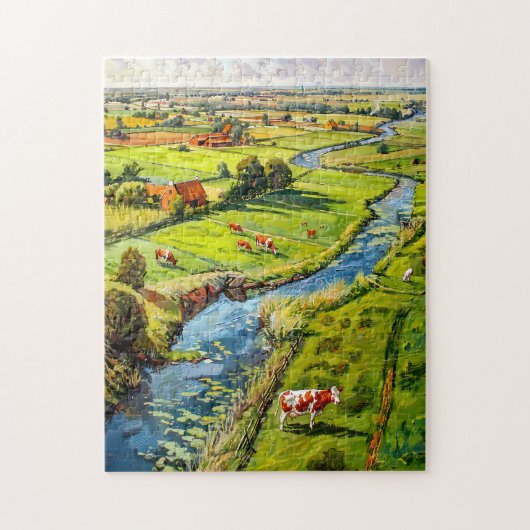Countryside with Cows and Stream Fantasy Painting ジグソーパズル (縦)