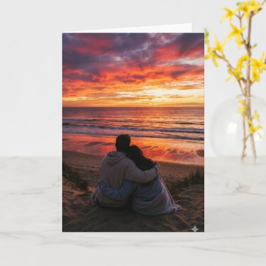 Couple at ocean for sunset -Valentine, anniversary カード (黄色い花)