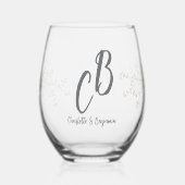 Couple Birds Monogram flowers Elegant Wedding  ステムなしワイングラス (左)