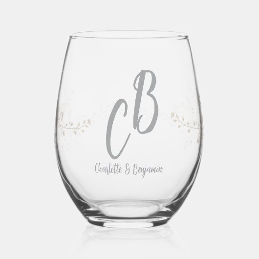 Couple Birds Monogram flowers Elegant Wedding  ステムなしワイングラス (左)