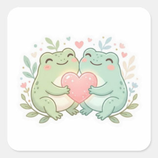 Couple Frog Sticker Cute Two Frogs Love Heart Roma スクエアシール
