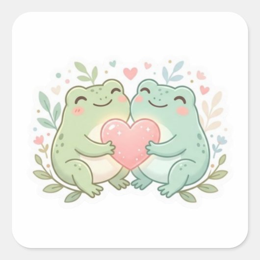 Couple Frog Sticker Cute Two Frogs Love Heart Roma スクエアシール (正面)