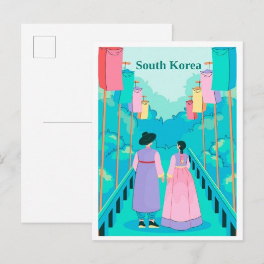 Couple in Seoul South Korea Travel Illustration ポストカード (正面/裏面)