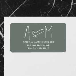 Couple Monogram Heart Green Return Address ラベル