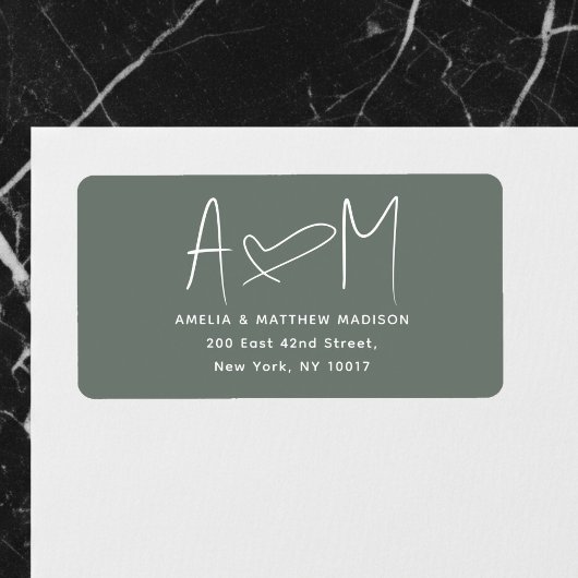 Couple Monogram Heart Green Return Address ラベル